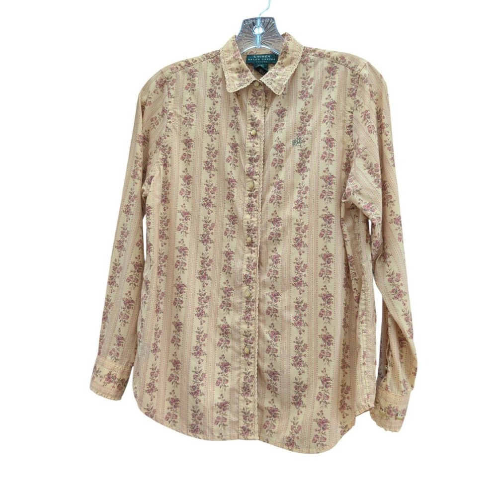 Lauren Ralph Lauren P/S Floral Cotton Blouse Lace Trim Pearl Button Cottagecore